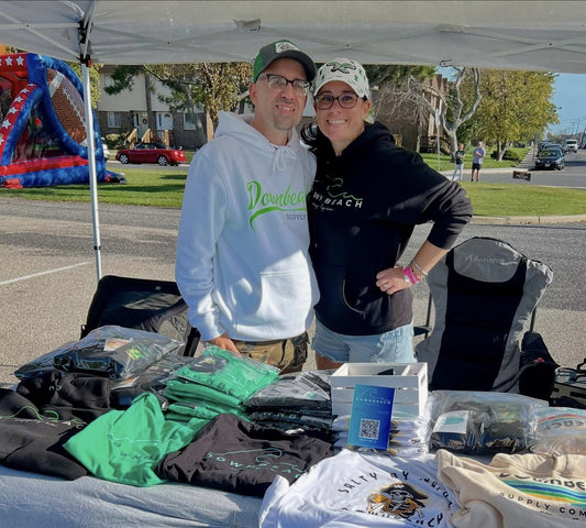 Downbeach Supply Co. founders at their booth during the Eagles Tailgate at Ski Beach, Ventnor NJ